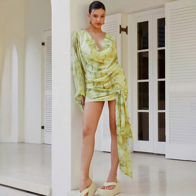 Mesh Deep Cowl Neck Long Sleeve Mini Dress