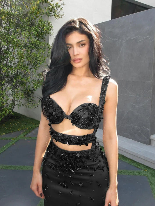 Black Embellished Cut-Out Sculpted Evening Gown