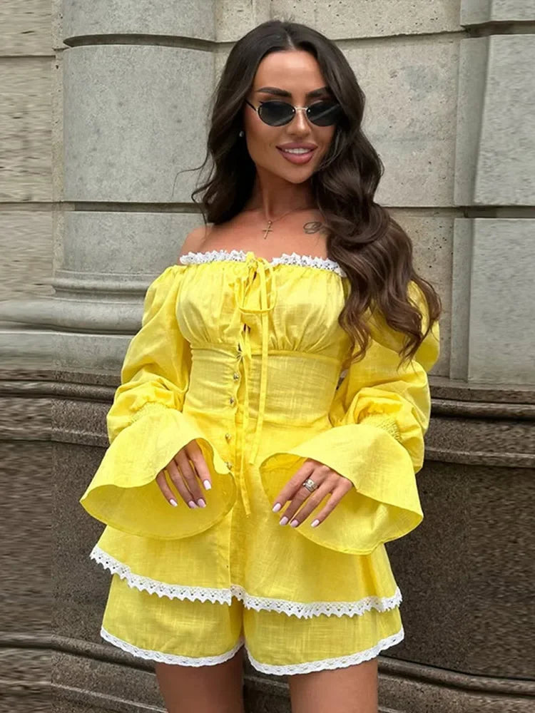 Off-Shoulder Lace Shorts Set |  Summer Co-Ord for Travel