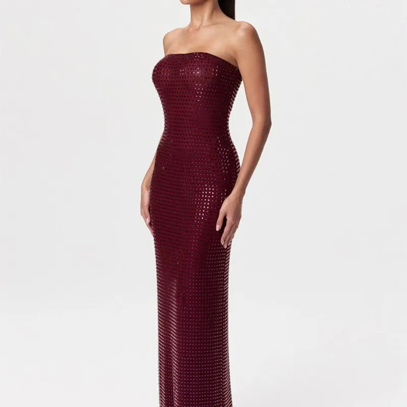 Red Wine Crystal Beaded Strapless Gown – Elegant Backless Evening Maxi Dress