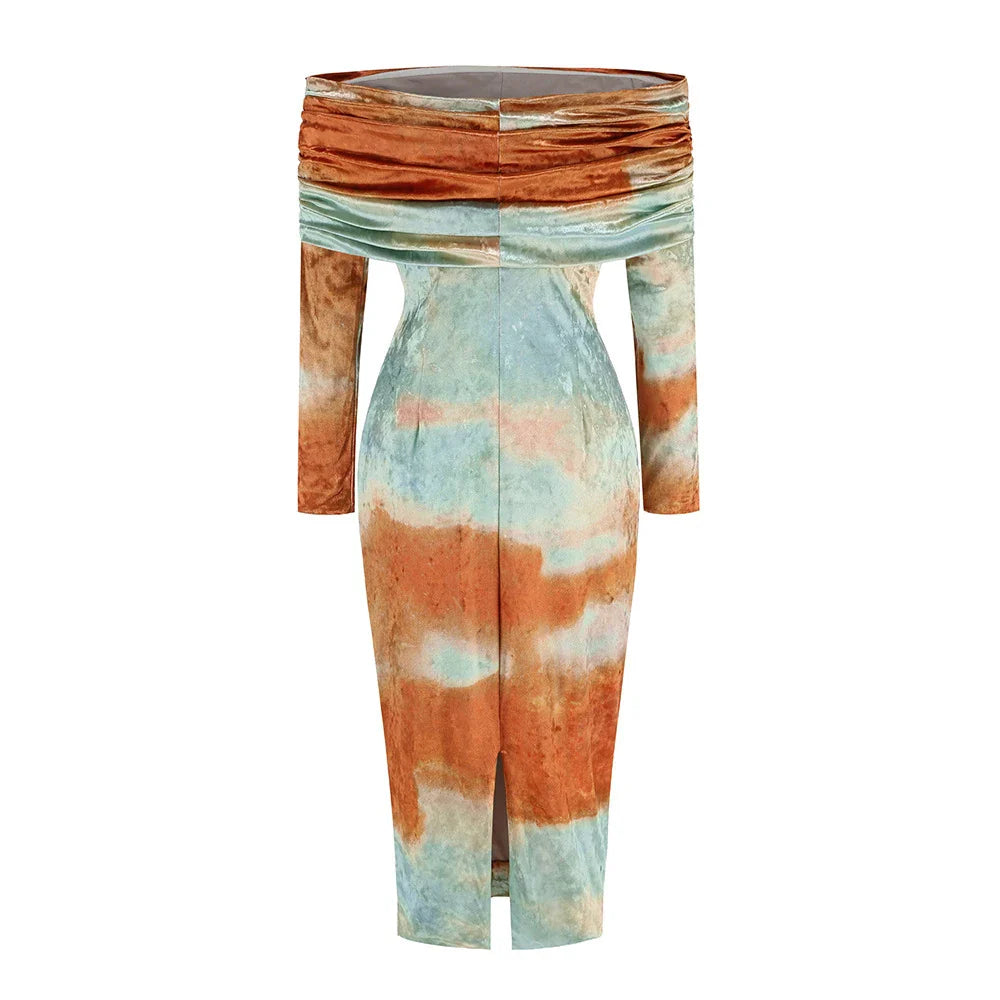 Blue Gradient Tie Dye Off Shoulder Midi Dress | Party Elegance