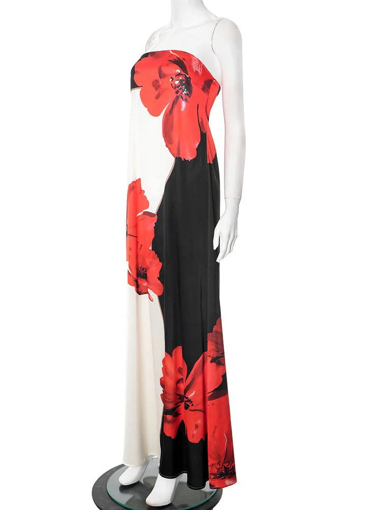 Strapless Flower Print Maxi Dress