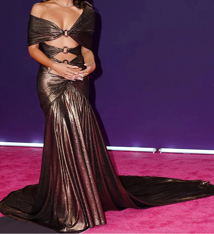 Brown Sequin Ring Cut Out Short Sleeve Drape Maxi Dress