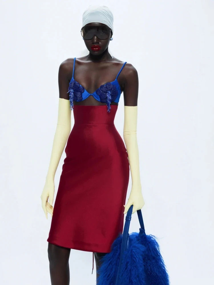 Blue & Red Appliqué Sheath Dress | Runway-Inspired Party Look