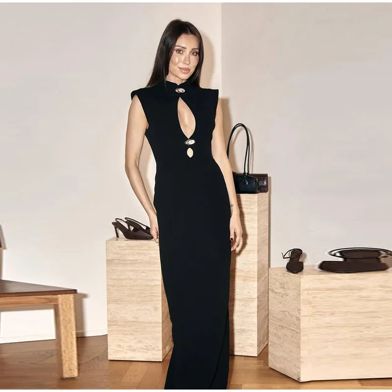 Shoulder Pad Cut Out Black Mini/ Maxi Dress