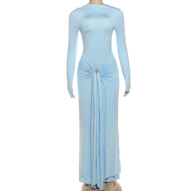 Light Blue Ruched Slit Dress | High Stretch Pencil Maxi