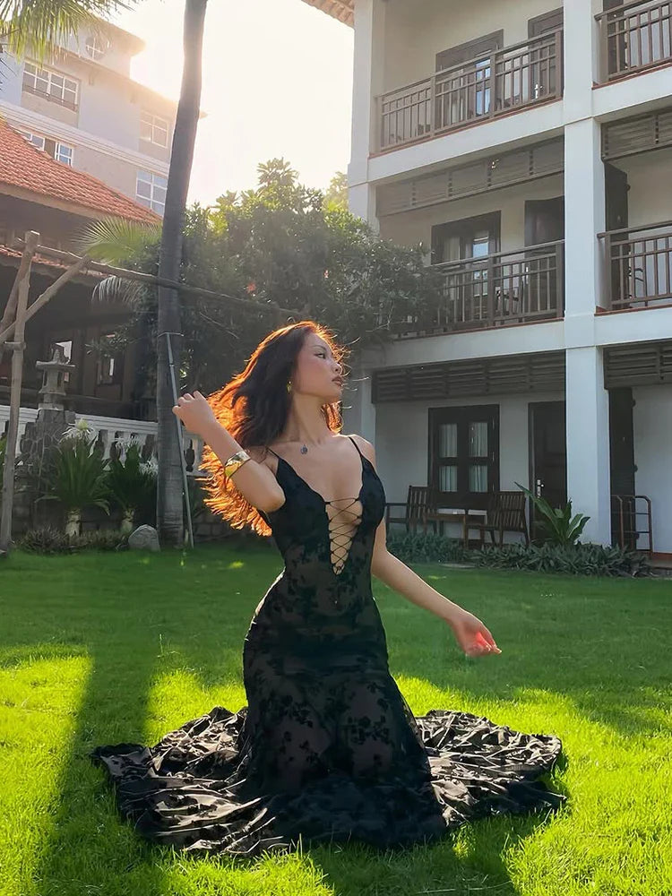 Sheer Black Lace Up Maxi Dress | Floral See-Through Statement