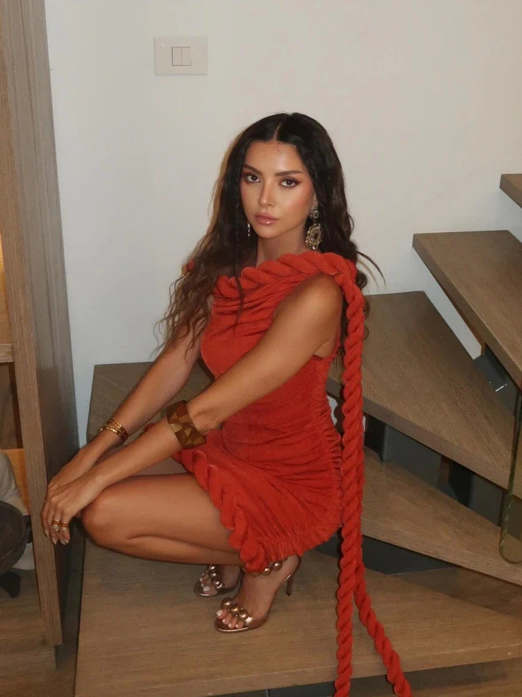 Red One-Shoulder Draped Mini Dress with Twist Knot