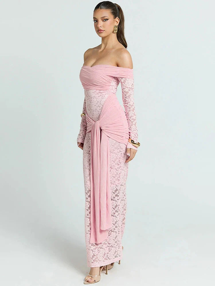 Pink Lace Off-shoulder Wrap Tie-up Maxi Dress
