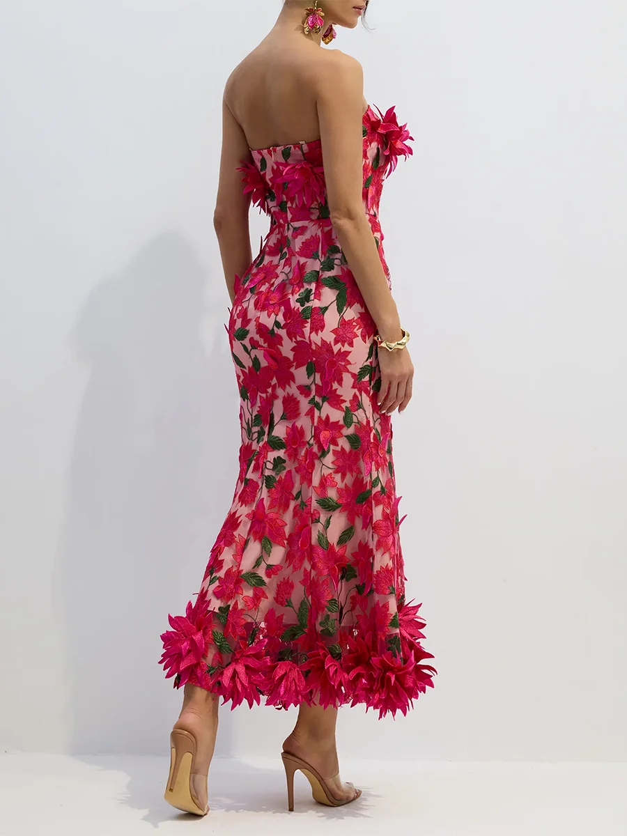Pink Floral Embroidery Strapless Long Dress