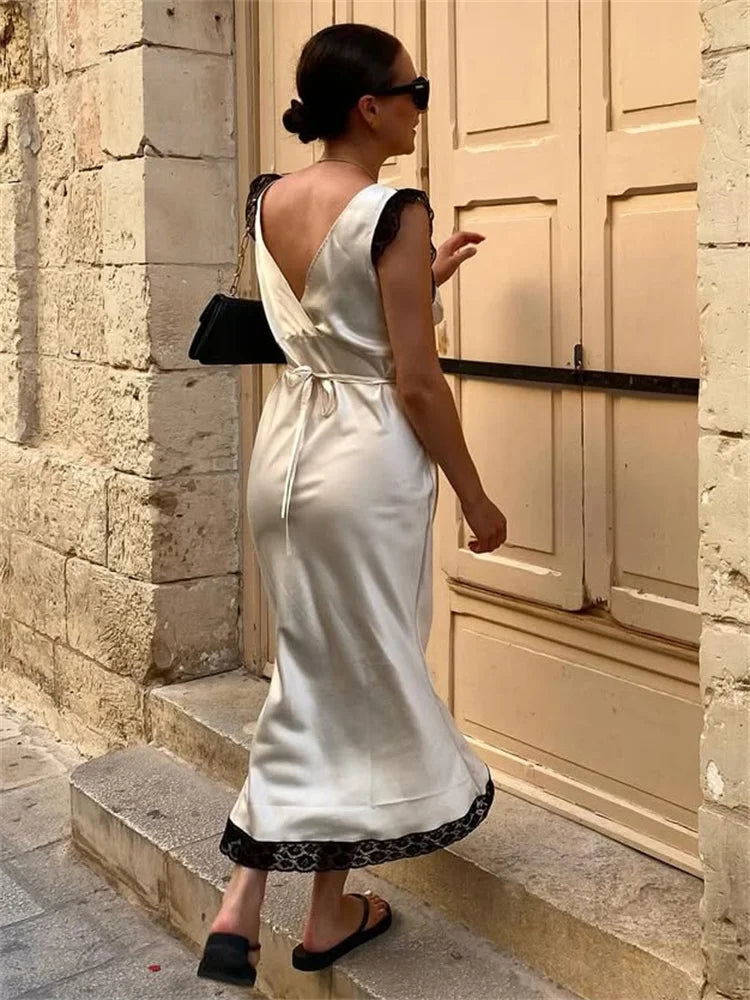 Patchwork Satin Lace Maxi Dress – Elegant V-Neck Evening Gown