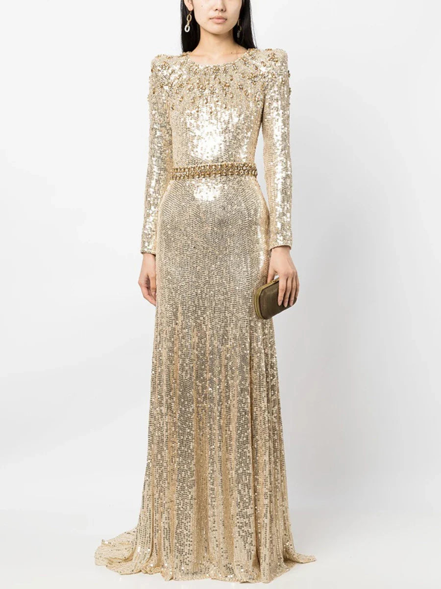 Gold & Black Sequin Gown | Elegant Long Sleeve Evening Dress