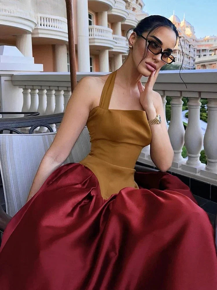 Patchwork Halter Backless Maxi Dress