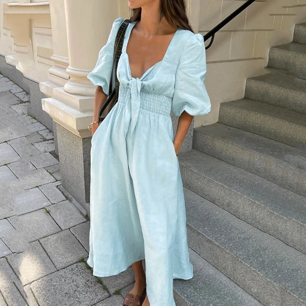 Light Blue A-Line Linen Dress | Lace-Up V-Neck Autumn Midi