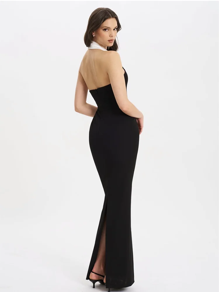 Black Contrast V Neck Button Bandage Maxi Dress