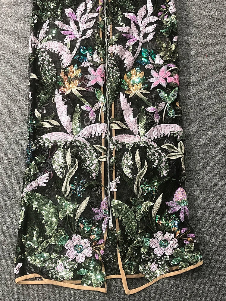 Black O Neck Embroidered Sequin Dress | Sleeveless Long Gown