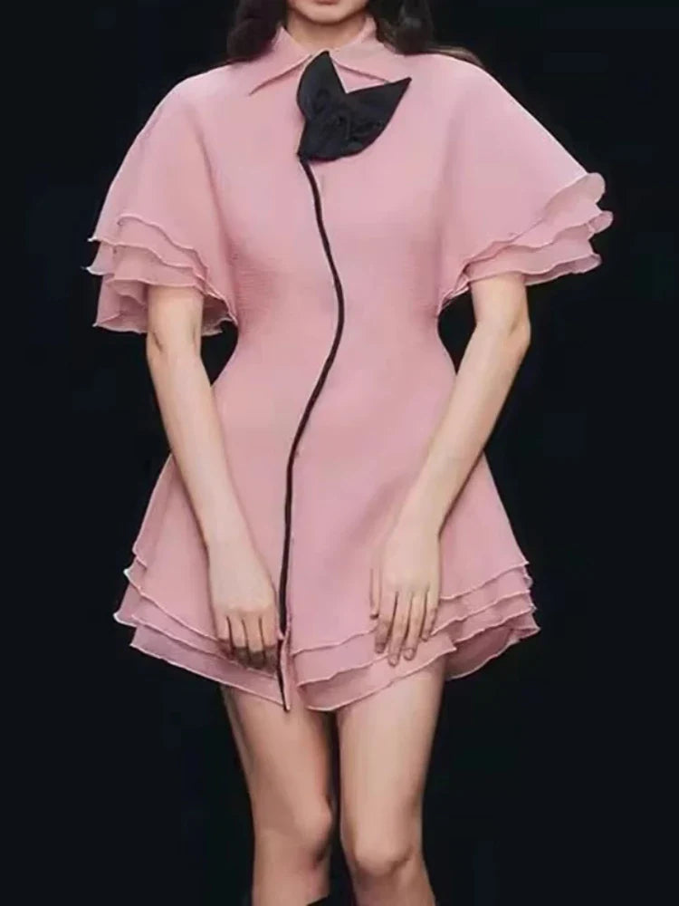 Lapel Bow Ruffle Mini Dress | Flutter Sleeve A-Line
