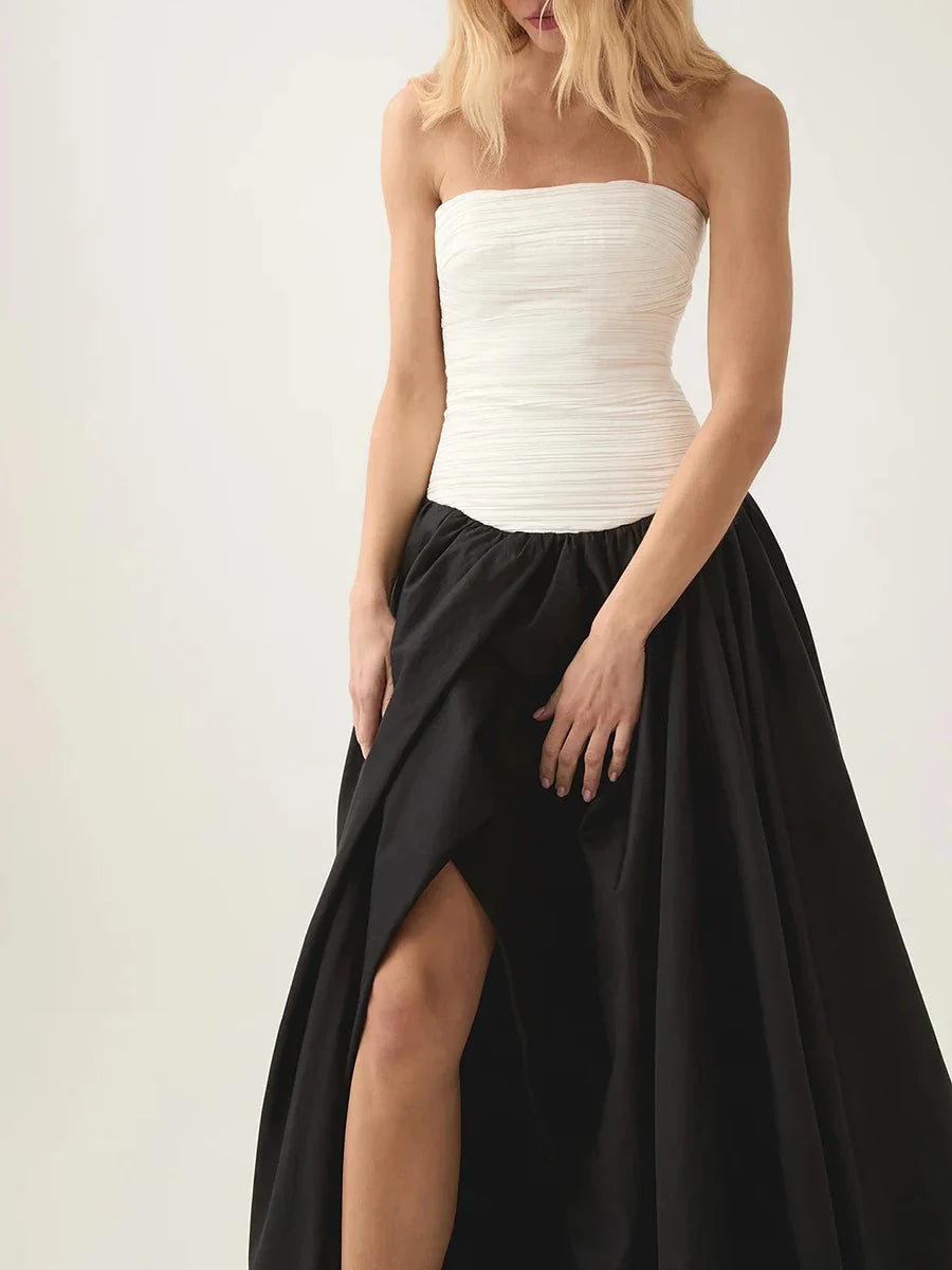 Strapless Puffs Dress – Ruched Bodice & High-Slit Elegance