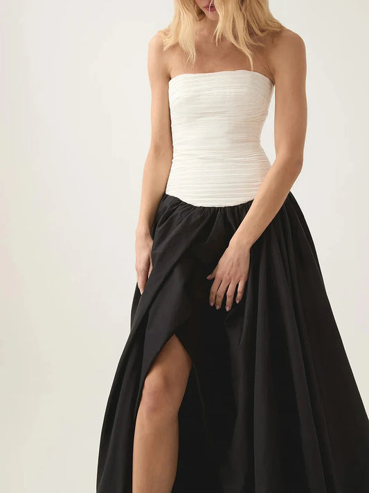 Strapless Puffs Dress – Ruched Bodice & High-Slit Elegance