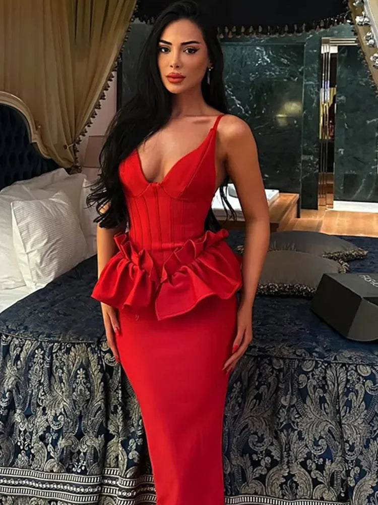 Red Ruffles V-Neck Maxi Bodycon Dress - Elegant Evening & Party Outfit