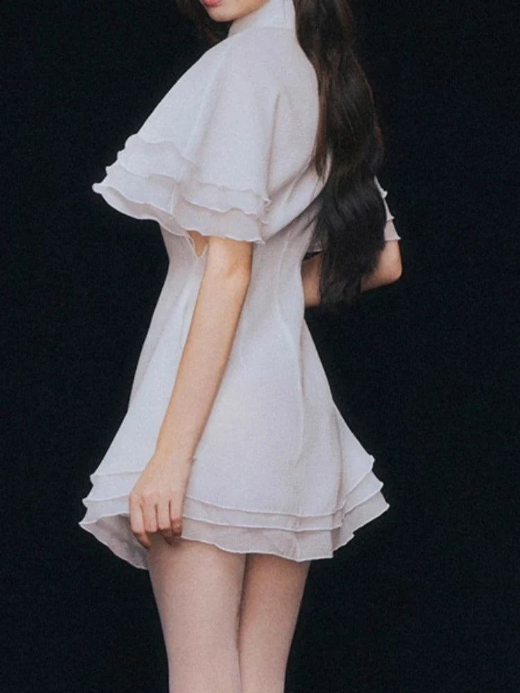 Lapel Bow Ruffle Mini Dress | Flutter Sleeve A-Line