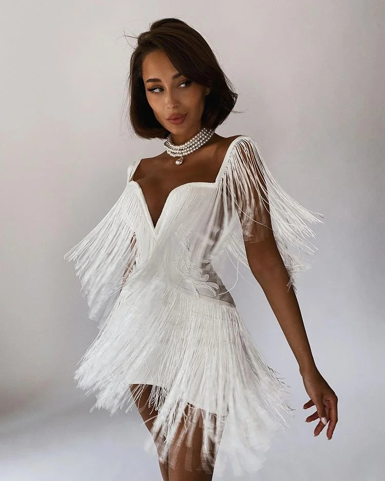 Off-Shoulder Strapless Tassel Mini Dress