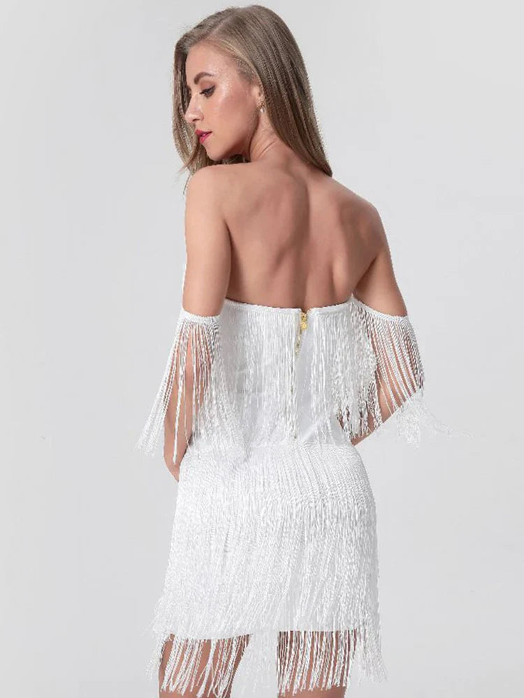 Off-Shoulder Strapless Tassel Mini Dress