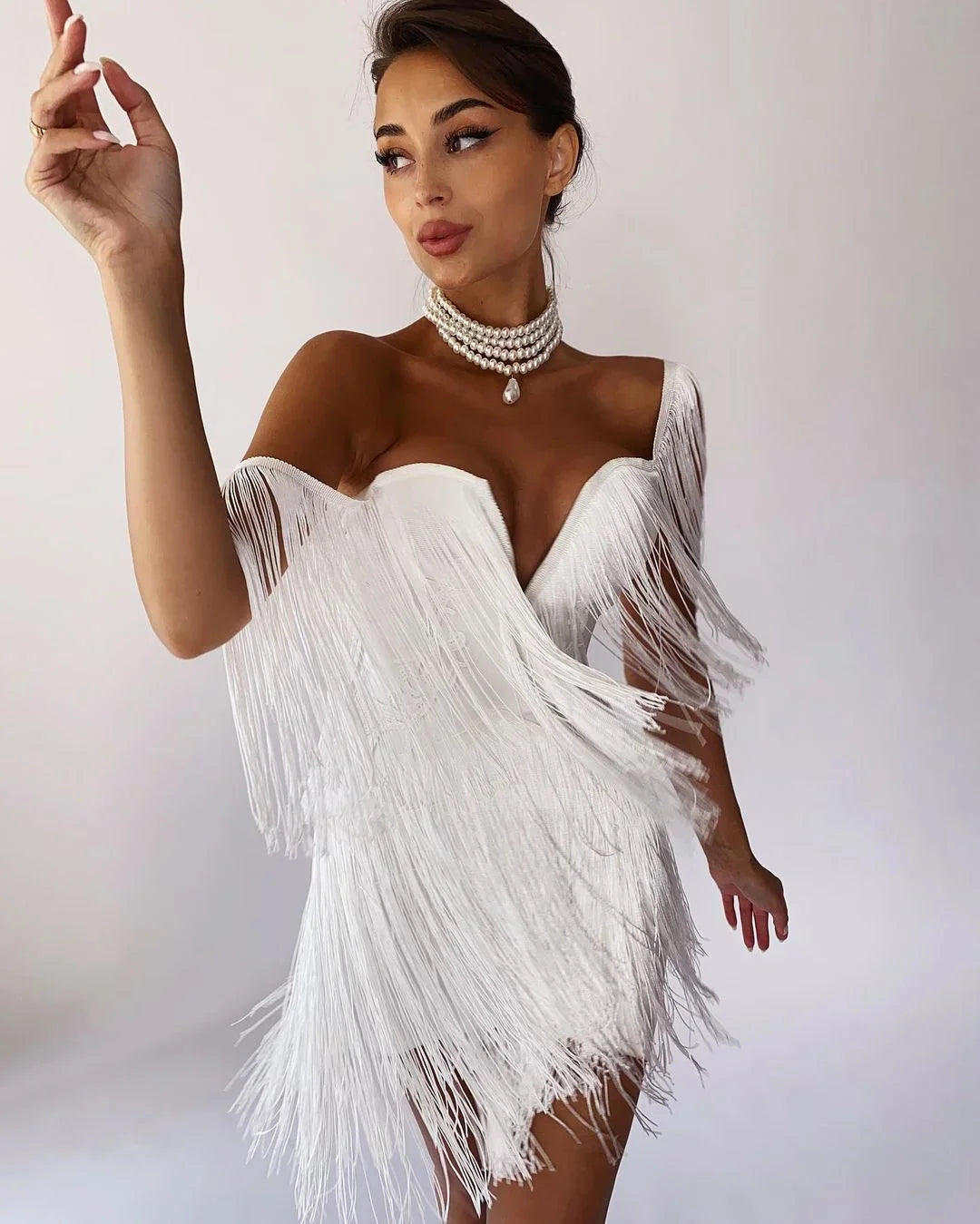 Off-Shoulder Strapless Tassel Mini Dress