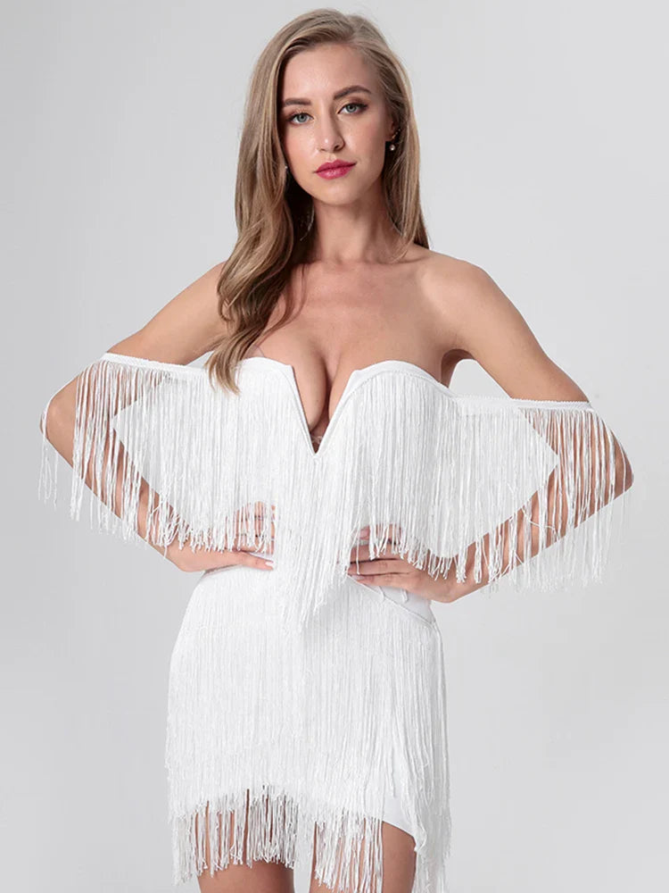 Off-Shoulder Strapless Tassel Mini Dress