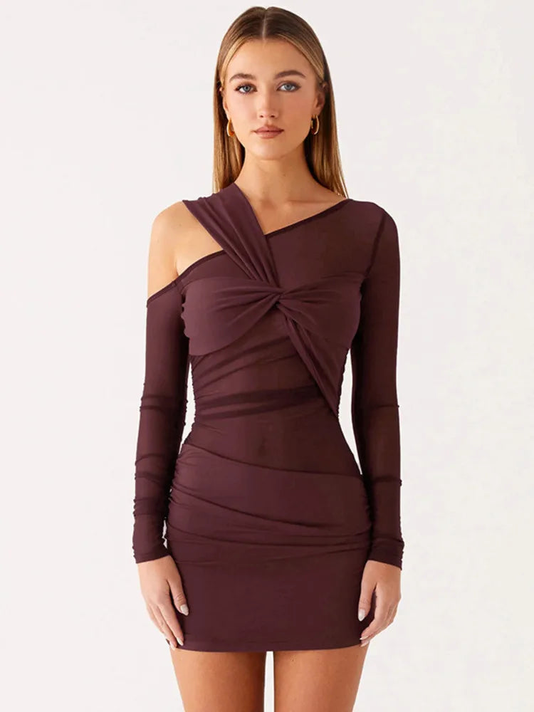 Ruched Inclined Shoulder Mini Dress