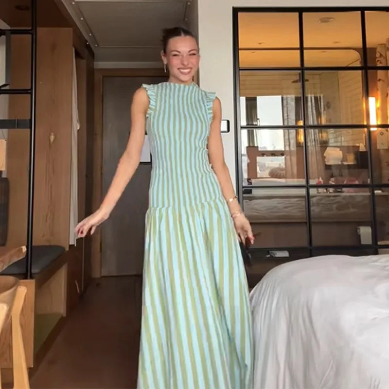 Striped Pleated Maxi Dress | Sleeveless A-Line Summer Style