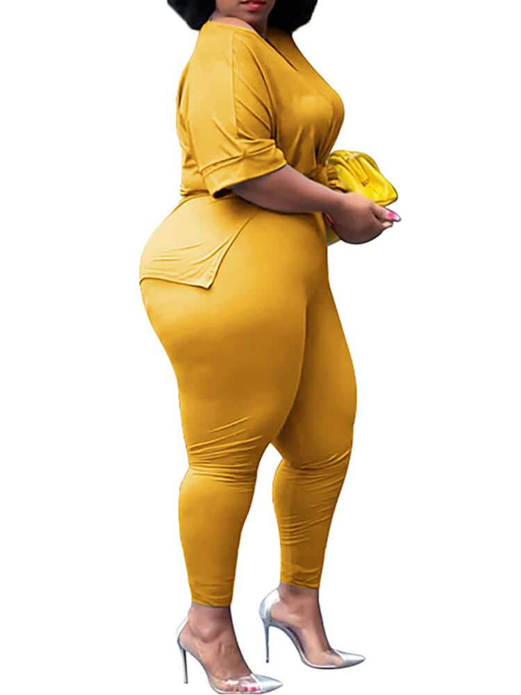 Plus Size Short Sleeve Tops Bodycon Long Pants Set