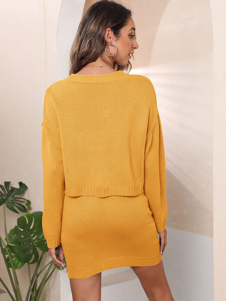 Long Sleeve Jacquard Cardigan Mini Skirt Suits