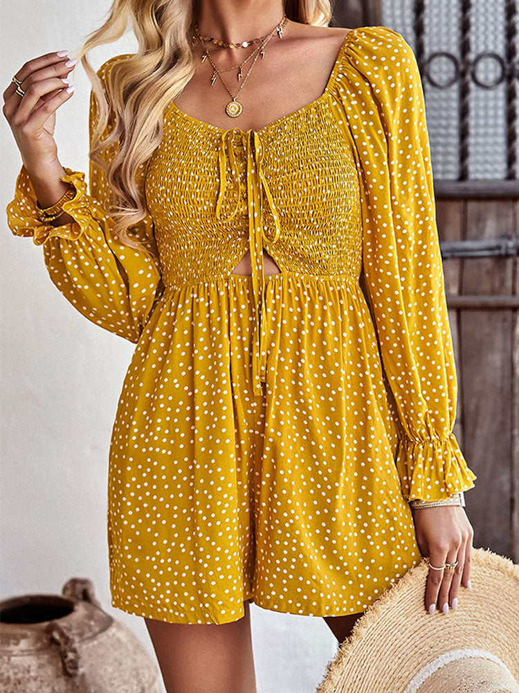 Long Ruffle Sleeve Ruched Drawstring Square Neck Jumpsuit