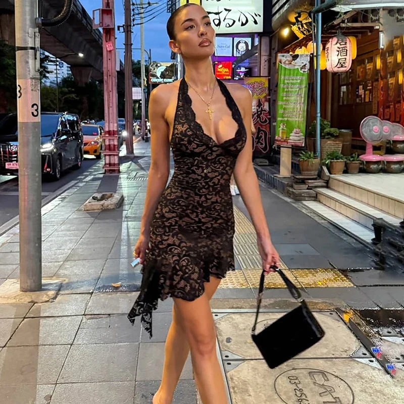 Black Lace Halter Mini Dress | Backless Night-Out Statement