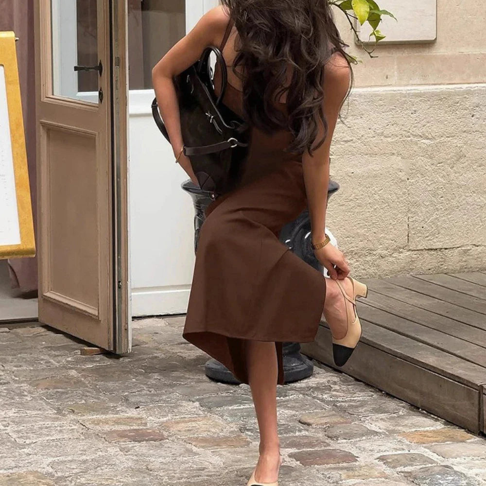 Brown Square Neck Maxi Dress | Vintage Spaghetti Strap Gown