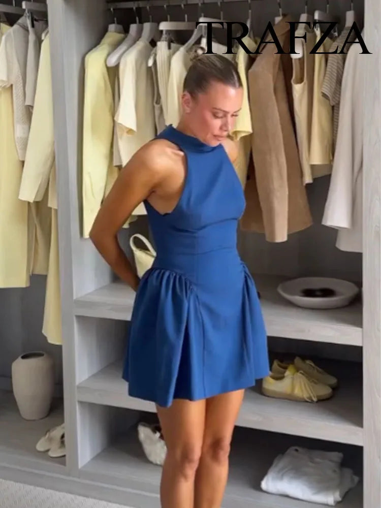Blue Folded Mini Dress | Sleek Halter A-Line Summer Look