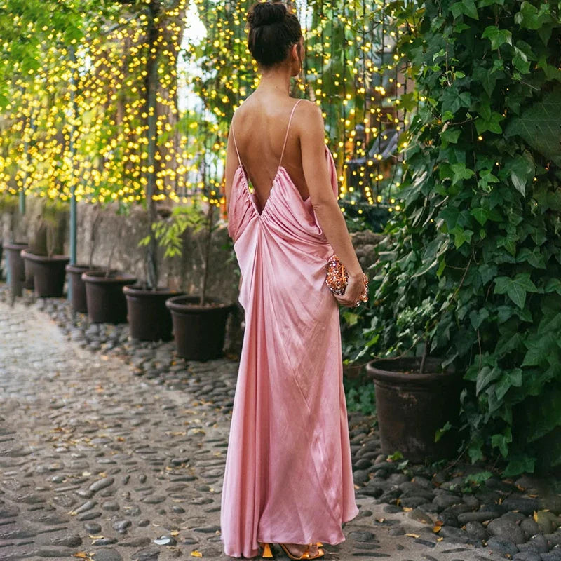 Draped Pink Sling Maxi Dress | Resort Glamour Loose Fit