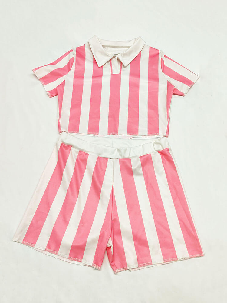 Two Piece Short Sleeve Striped Crop Tops & Shorts