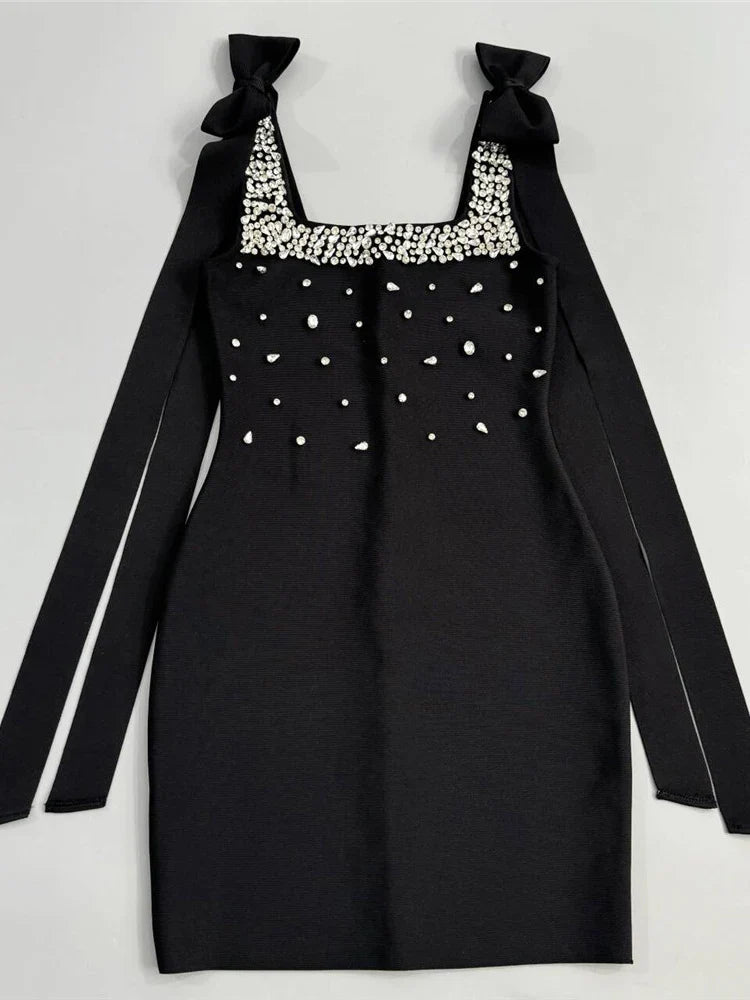 Black Rhinestone Bow Bandage Dress | Sleeveless Mini Gown