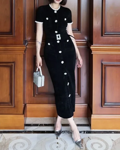 Embellished Short-Sleeve Knit Midi Dress