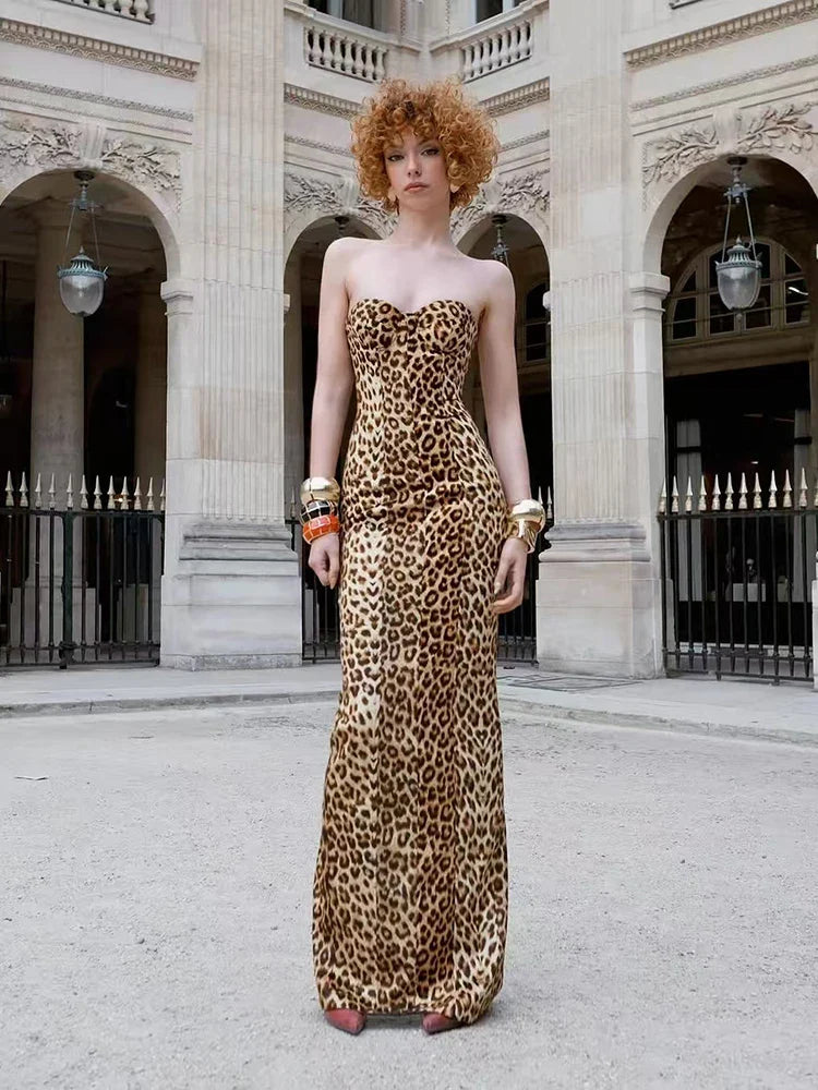 Strapless Leopard Print Gown | Backless Sheath Party Dress