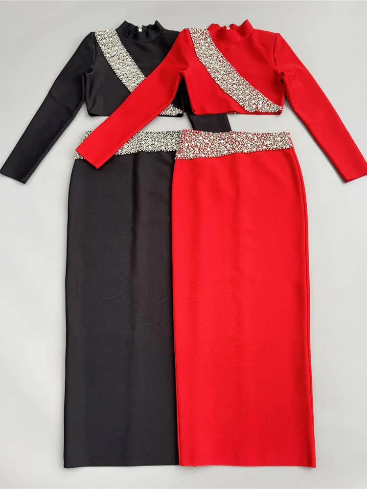 Black Diamond Two-Piece Set | Beaded Top & Long Bandage Skirt