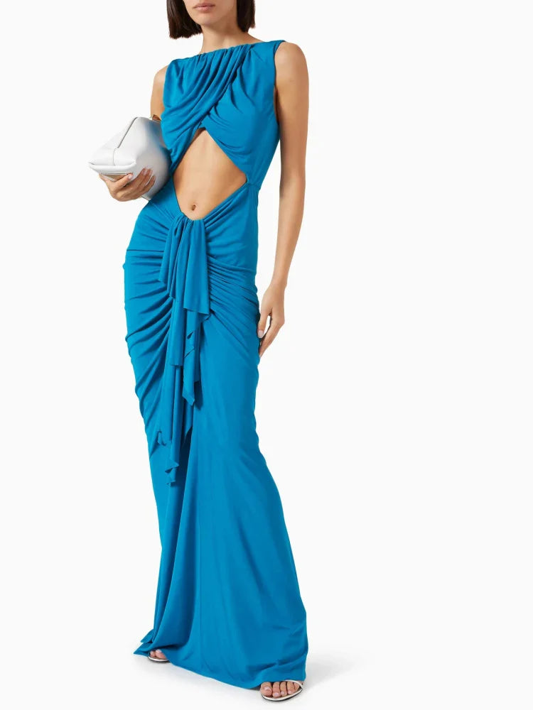 Blue Cut-Out Gathered Sheath Gown | Evening Statement Dress
