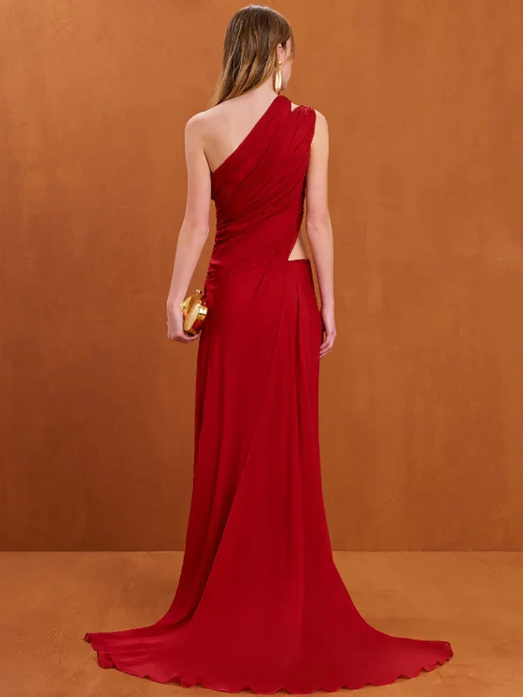 Red One Shoulder Dress | Irregular Cutout Slim Evening Gown
