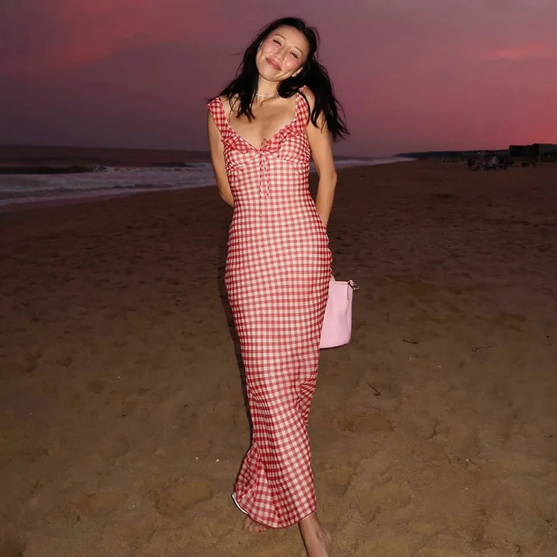 Red Gingham Lace-Up Maxi Dress | Picnic-to-Party Statement