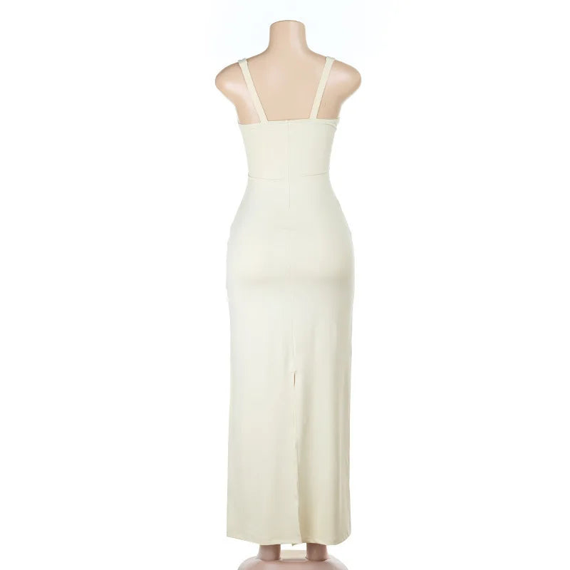 Champagne Beige Cut-Out Maxi Dress | Ankle-Length Sheath for Resort & Nights Out