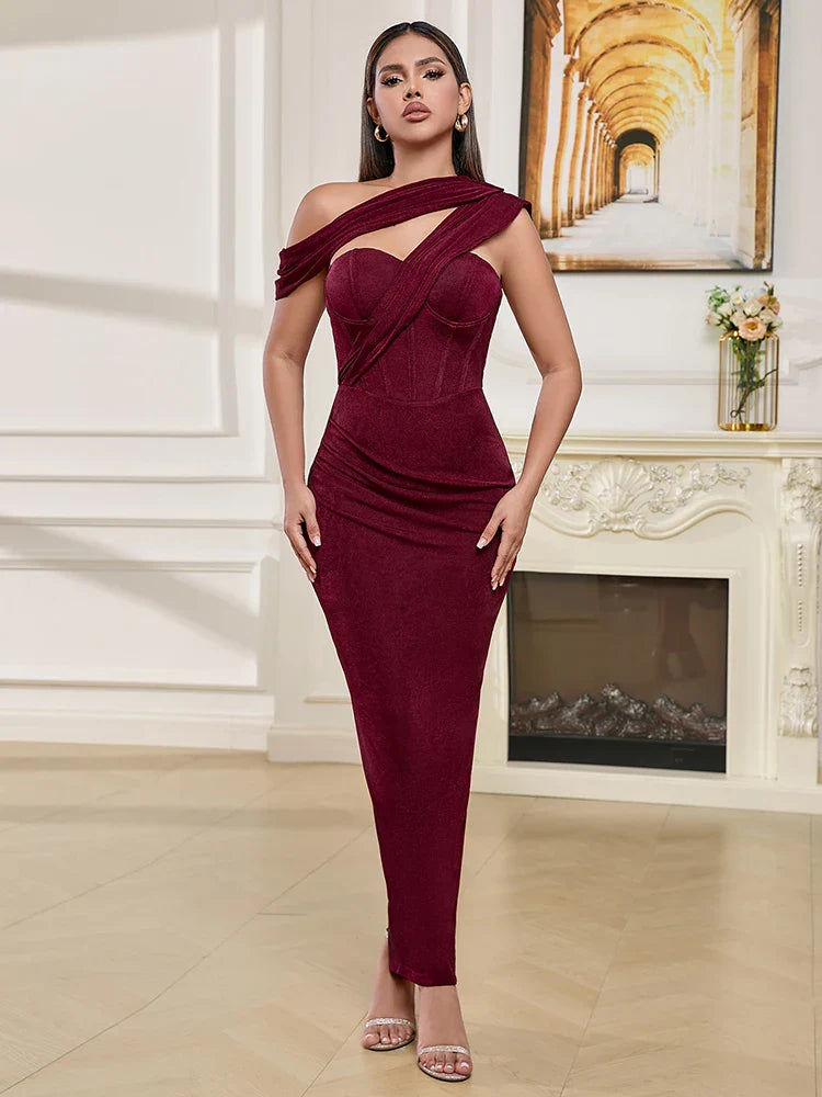 Wine Red One Shoulder Draped Bodycon Dress | Slim Cocktail Gown