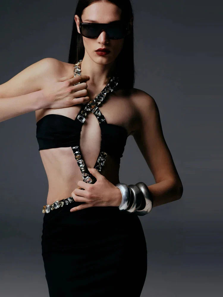 Black Halter Neck Crystal Dress | Cutout Bodycon Evening Gown