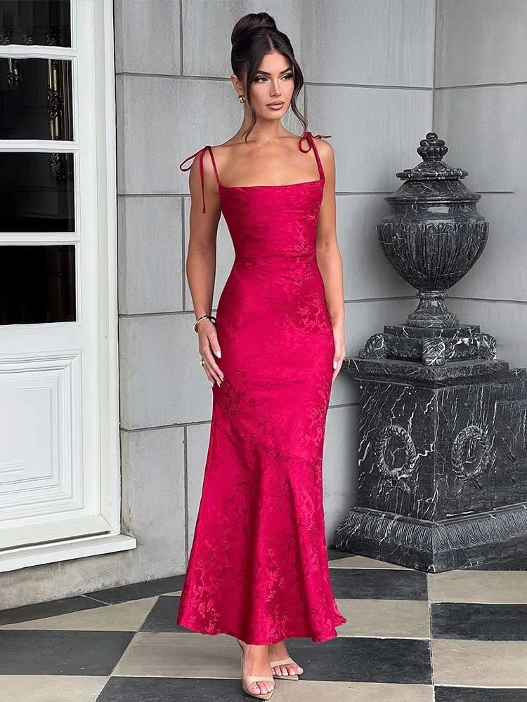 Ankle-length strappy party gown in bold pink with classic fit